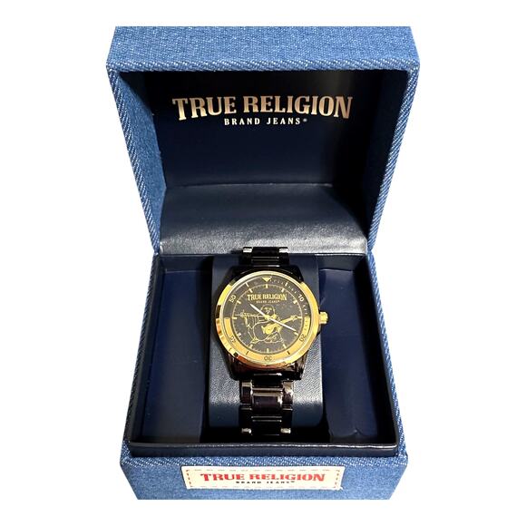 True Religion Men’s Gunmetal Gold Bracelet Buddha Guitar Logo Watch TRM102 - Picture 4 of 8